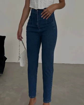 Blugi dama YoKo, slimfit cu talie inalta si buzunare decorative, Albastru