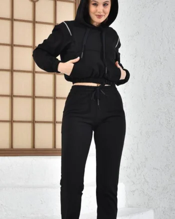 Compleu sport dama, Zheya, pantaloni si bluza cu gluga si fermoar decorativ, Negru