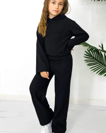 Compleu tetra Scarlett Kids, cu bluza large, gluga si pantaloni lejeri, Negru