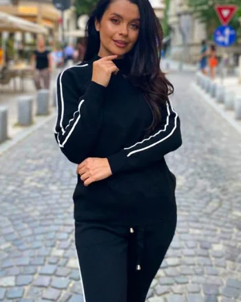 Compleu tricot Jessica, bluza si pantaloni cu dungi, Negru, Marime S/M