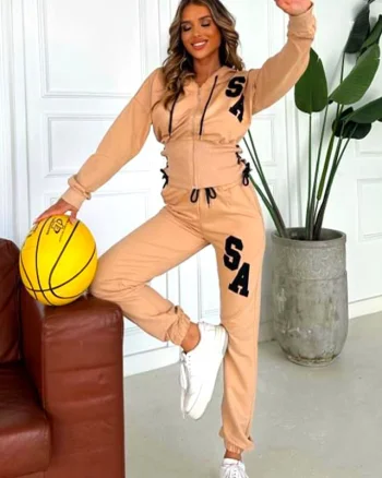 Trening Sport Action, pantaloni si bluza cu gluga si legare laterala cu snur, Bej