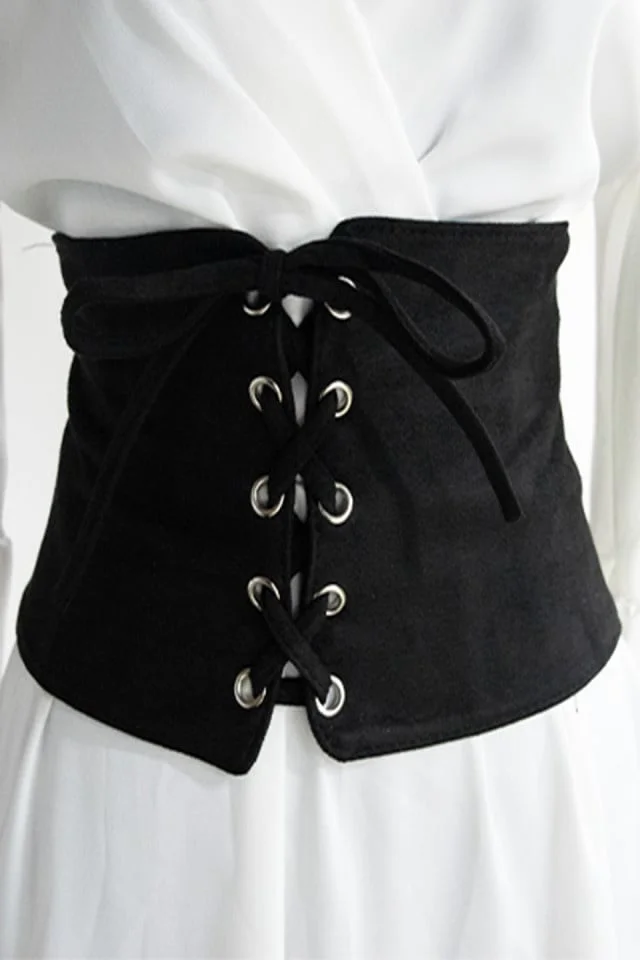 Centura corset Sanda neagra, lata, din piele intoarsa, cu banda elastica si snururi