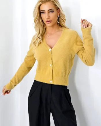 Cardigan tricotat FluFFy Vibe, cu aspect de casmir si nasturi eleganti, Bej