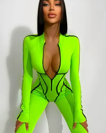 Salopeta casual Shebba, cu detalii din piele ecologica si maneca lunga, Verde neon