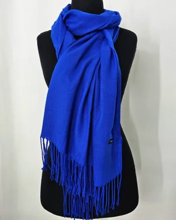 Esarfa tip sal Belladona, din material subtire, cu franjuri si emblema, Albastru, 180x65 cm
