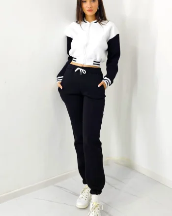 Trening bumbac vatuit College, bluza scurta cu fermoar si pantaloni, Negru