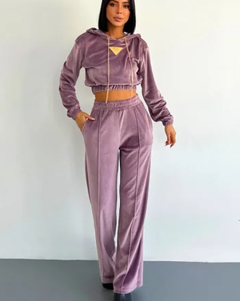 Compleu casual Maribela, din catifea, cu pantaloni lejeri si bluza cu gluga, Lila