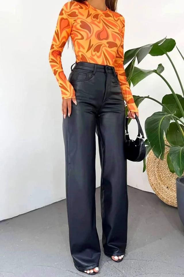 Pantaloni vatuiti Madison, din piele ecologica, cu buzunare si croi Large, Negru