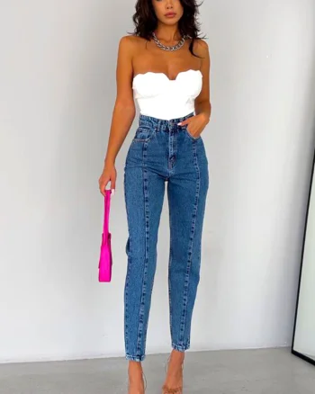 Blugi dama, HipNotiK, croiala boyfriend cu talie inalta, Albastru
