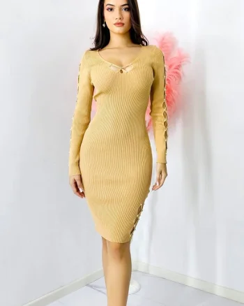Rochie office Amyna, tetra, cu decupaje, cristale si perle artizanale, Crem, Marime S/M