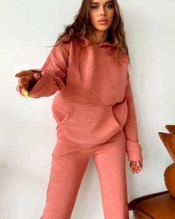 Compleu bumbac vatuit Alexis, bluza cu gluga si pantaloni cu buzunare, Roze