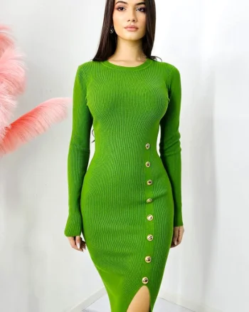 Rochie bodycon KLarisa, tetra, cu crapatura si nasturi decorativi, Olive