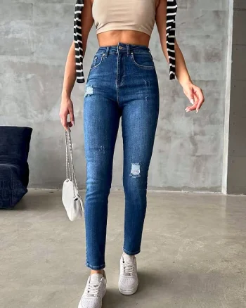 Blugi dama, Katy, croiala elastica boyfriend cu talie inalta, Albastru denim