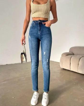 Blugi dama, NARY, croiala elastica boyfriend cu talie inalta, Albastru