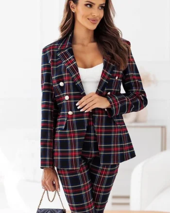 Costum elegant Nina, cu sacou, pantaloni tip pana si imprimeu in carouri, Negru, Marime S/M