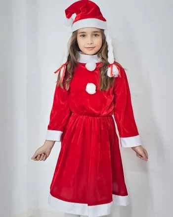 Set rochie Craciunita din catifea, Missy Claus, cu caciula si codite, Marime 3-5 ani