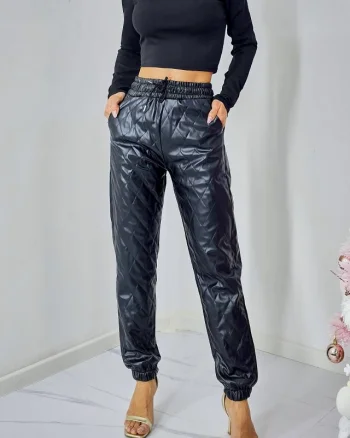 Pantaloni matlasati Lukas, din piele ecologica si cusaturi evidentiate, Negru