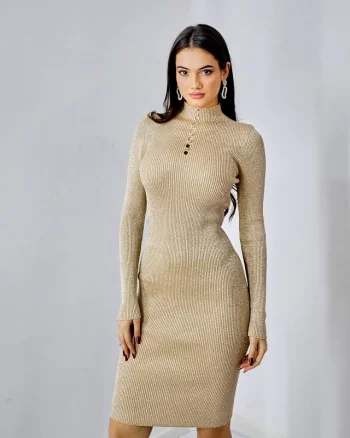 Rochie Francy, midi, guler pe gat, model decupat si textura striata cu sclipici, Crem, Marime S/M