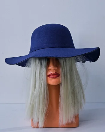 Palarie dama Vintage, cu bor lat si fundita, Bleumarin