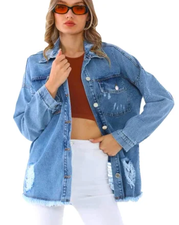 Camasa denim Sharin, croi lung, simetric si perforatii ample, Albastru