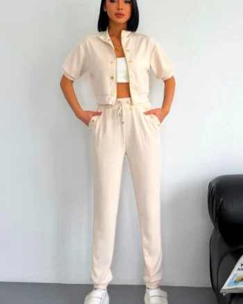 Compleu casual NonCom, bluza lejera cu maneca scurta si pantaloni cu snur, Crem
