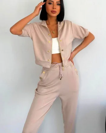 Compleu casual NonCom, bluza lejera cu maneca scurta si pantaloni cu snur, Roz prafuit