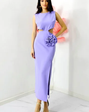 Rochie decupata Florys, croi lung cu slit si detaliu floral detasabil, Lila, Marime M/L