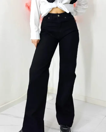 Blugi mom fit baggy ReBELLE, cu talie inalta si croi drept, Negru