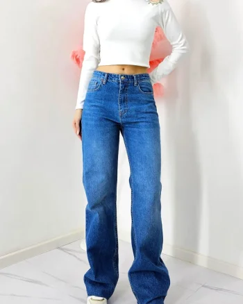 Blugi mom fit baggy ReBELLE, cu talie inalta si croi drept, Albastru denim