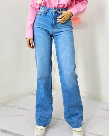Blugi mom fit baggy ReBELLE, cu talie inalta si croi drept, Albastru deschis
