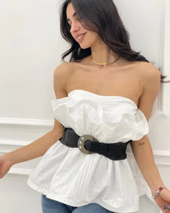 Top crop-top Rouche, cu aspect plisat si curea inclusa, Alb, Marime S/M