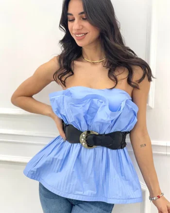Top crop-top Rouche, cu aspect plisat si curea inclusa, Bleu, Marime S/M