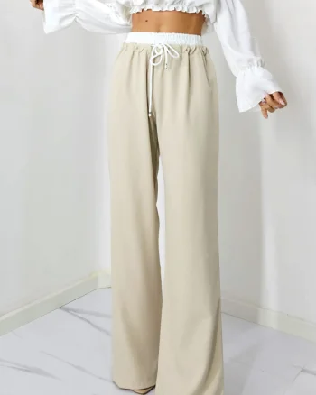 Pantaloni casual ALEF, croiala wide leg si snur in talie, Crem, Masura S/M/L