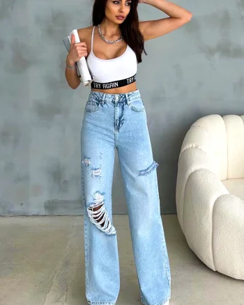 Blugi baggy DOHA, cu perforatii multiple, ample si aspect prespalat, Albastru