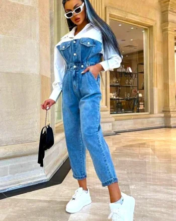 Salopeta din denim Phares, din doua texturi si talie evidentiata, Albastru/Alb