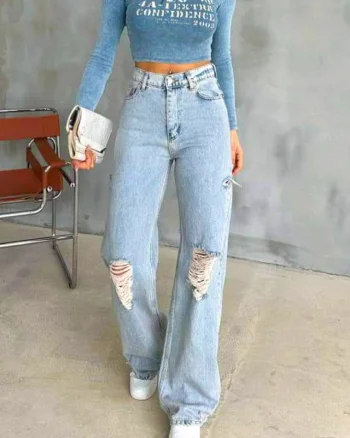Blugi wide leg Huarez, cu perforatii simetrice la genunchi, Albastru zapada