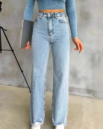 Blugi wide leg Yukatan, cu tiv perforat si aspect prespalat, Albastru zapada