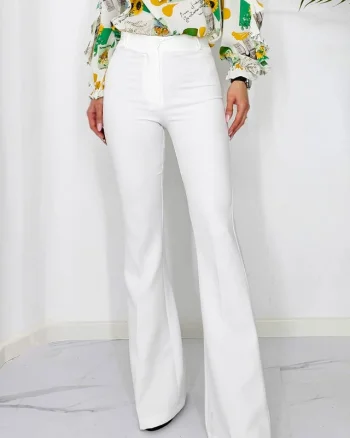 Pantaloni eleganti, Katte, croiala evazata si talie inalta, Alb