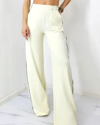 Pantaloni casual Sabyna, cu dungi laterale si croiala wide leg, Crem