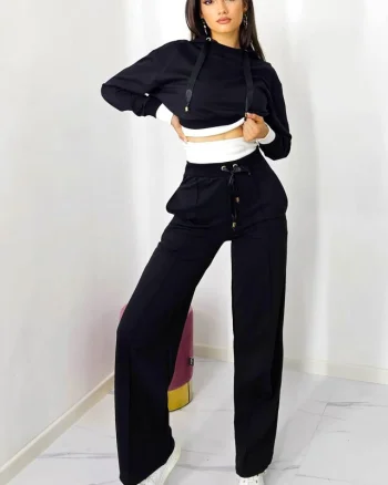 Compleu casual, Stability, pantaloni lejeri cu buzunare si bluza cu gluga, Negru/Alb