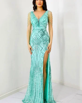 Rochie de seara Lady Margo, cu pene, paiete si decolteu adanc cu tull, Turquoise