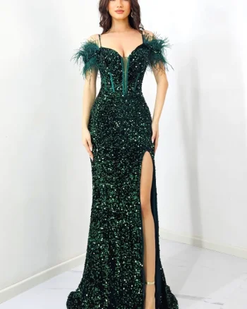 Rochie de seara Lady Marry, croi tip sirena, cu paiete si pene, Verde inchis