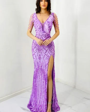 Rochie de seara Lady Margo, cu pene, paiete si decolteu adanc cu tull, Mov