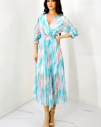 Rochie de zi Fatima, croiala plisata si imprimeu pastelat, Turquoise, Marime S/M