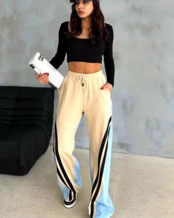 Pantaloni din bumbac Katalea, cu denim, snur in talie si croi lejer, Crem