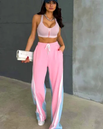 Pantaloni din bumbac Katalea, cu denim, snur in talie si croi lejer, Roz