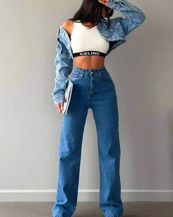 Blugi wide leg Gilbert, cu super elastan si talie inalta, Albastru deschis