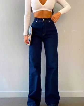 Blugi wide leg Gilbert, cu super elastan si talie inalta, Bleumarin