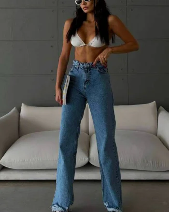 Blugi wide leg Yukatan, cu tiv perforat si aspect prespalat, Albastru deschis