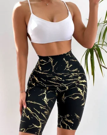 Colanti scurti fitness Ethan, cu banda modelatoare in talie si imprimeu variat, Gold Abstract